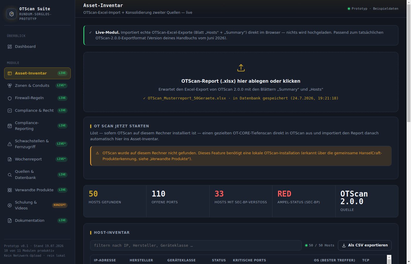 OTScan Suite: Asset-Inventar mit importiertem OTScan-Report