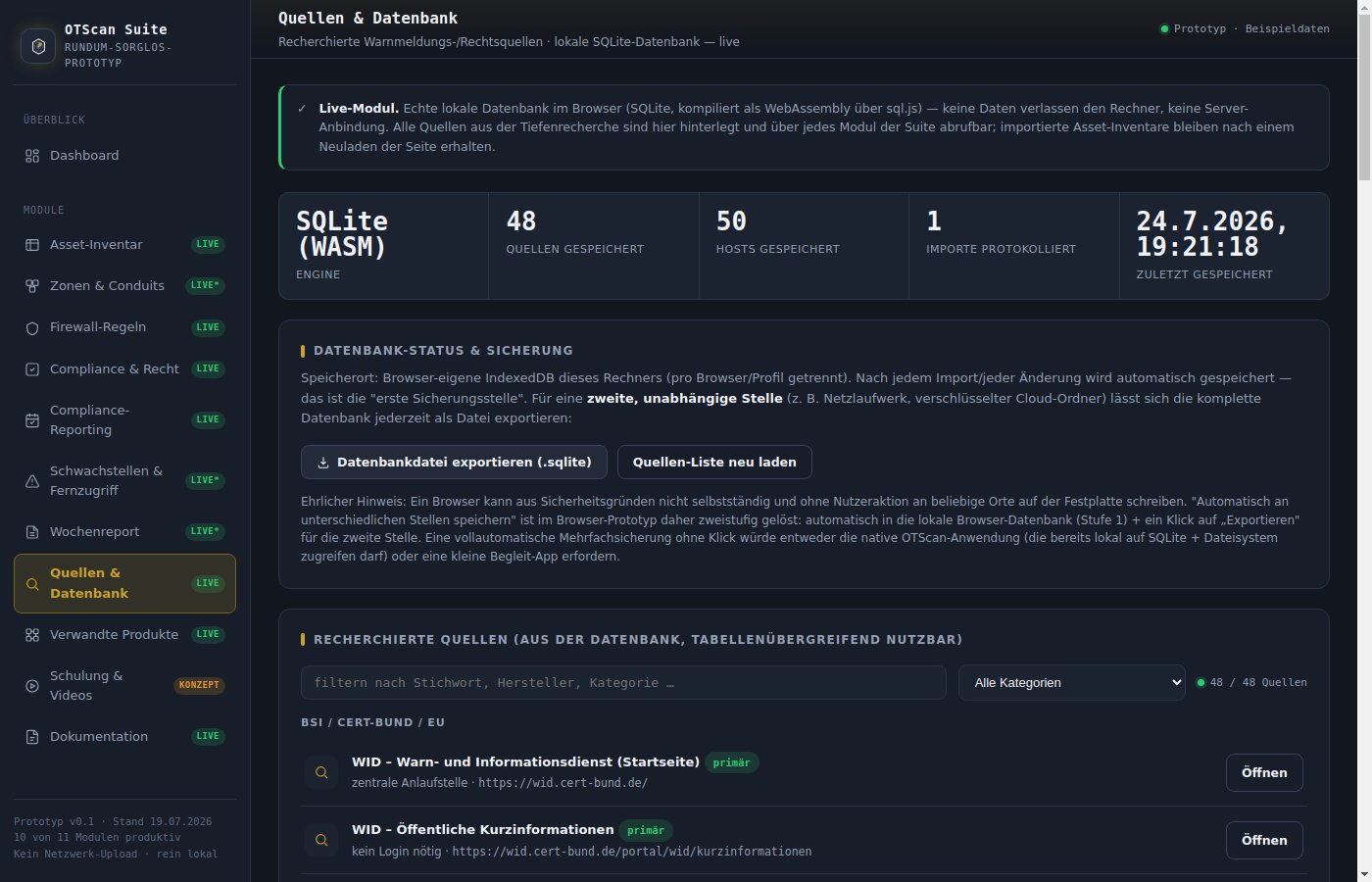 OTScan Suite: Quellen & Datenbank